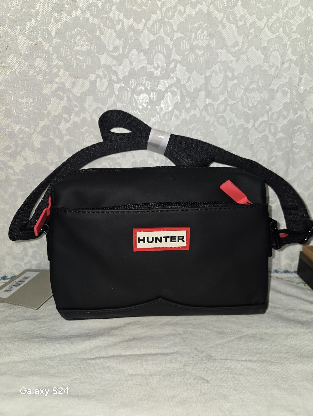 Hunter Black Crossbody Messenger Bag with Red-Trim Logo New With Tags